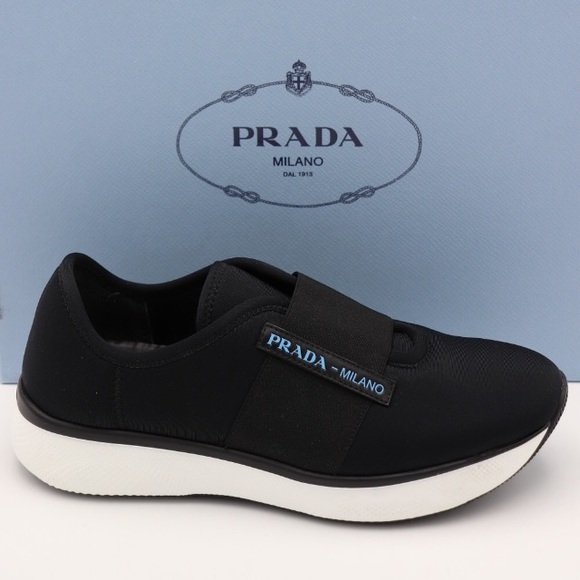 Prada Shoes - PRADA SNEAKERS black stretch neoprene logo slip on
